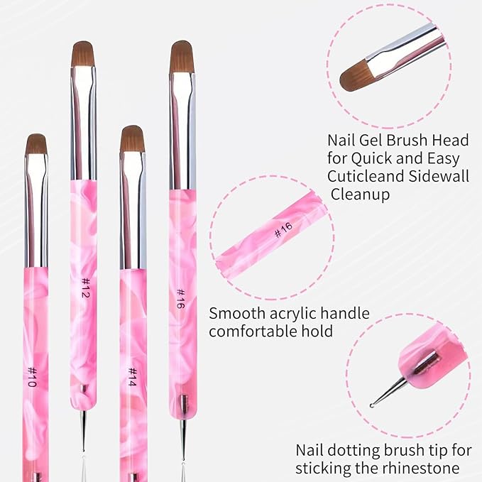 4Pcs French Tip Brush, Double-Ended French Brush for Nails with Dotting Tool, Clean Up Brushes for Gel Nail Polish, Size 10/12/14/16, Acrylic Nail Art Brushes, Manicure Tools for DIY Nail Design-Pink