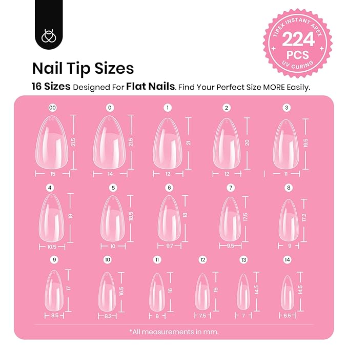 Beetles Tipex Nail Tips Kit Almond Short, 224Pcs 16 Sizes,Pre-building Pre-Etched Strong Thicker Acrylic Tips with Mini U V Lamp Tipex Nail Glue
