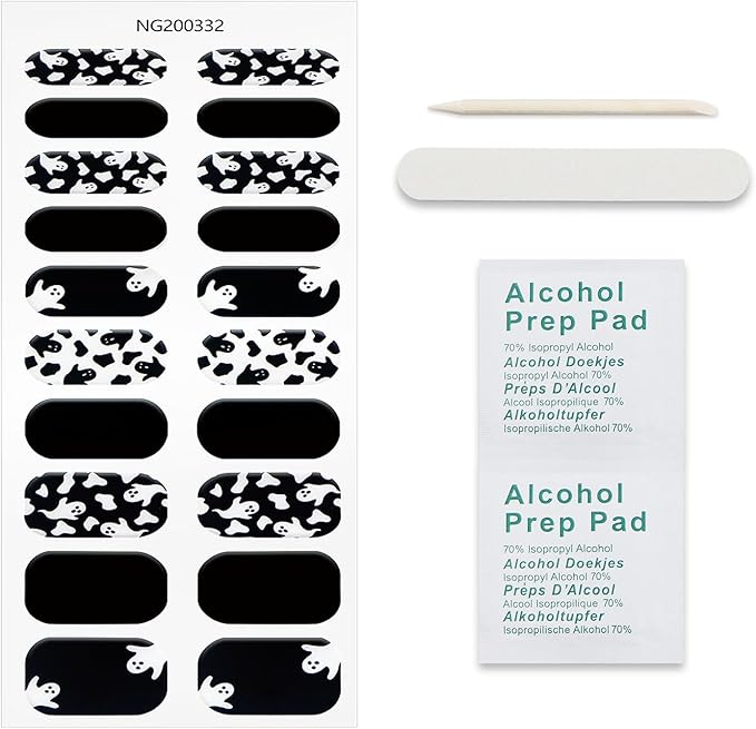 JMEOWIO Gel Nail Stickers Halloween Black White Cute Ghost Semi Cured Gel Nail Strips Wraps UV/LED Nails Art Design Decoration Accessories