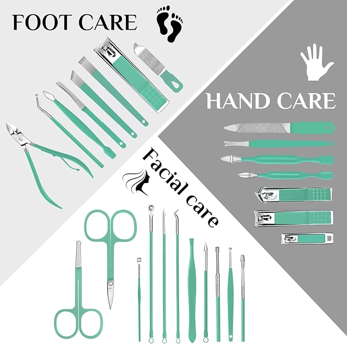 Travel Manicure Set 26-Piece, Portable Nail Clippers Kit with PU Case, Carbon Steel Clippers, 410 Stainless Steel Grooming Tools, Hand Foot Facial Care for Luggage Backpack