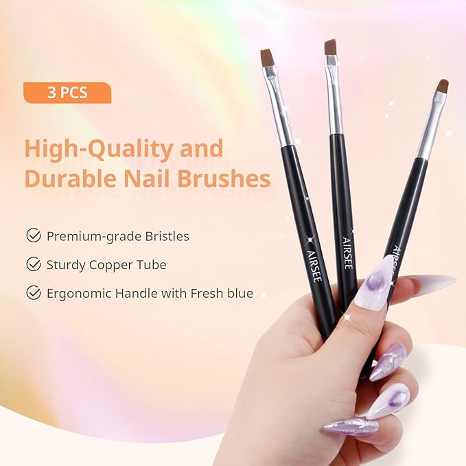 AIRSEE Nail Art Clean Up Brush Set, 3 Pcs Flat/Oval/Fine Angled Gel Brushes for Removing Polish Mistakes on Cuticles, Detailed Cleaning, Nail Design, DIY, Manicure, Black with Protective Caps