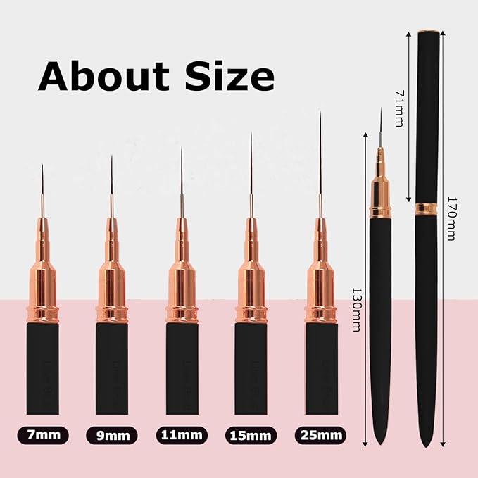 Professional Detail Nail Art Paint Liner Brush Set, 5Pcs Small Polish Design Tech Nail Tip Fine Line Striping Brushes, 25/15/11/9/7Mm Skinny Long Bristle Nails Drawing Pincel Para Uñas (Black)