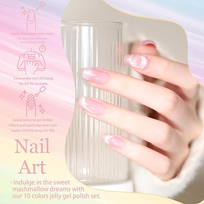Beautpal Magnetic Jelly Gel Nail Polish Set 10PCS Semitransparent Pastel Colors Including Cat Eye Gel Polish Soak Off UV Nail Polish Home DIY Manicure Nail Salon 7ml