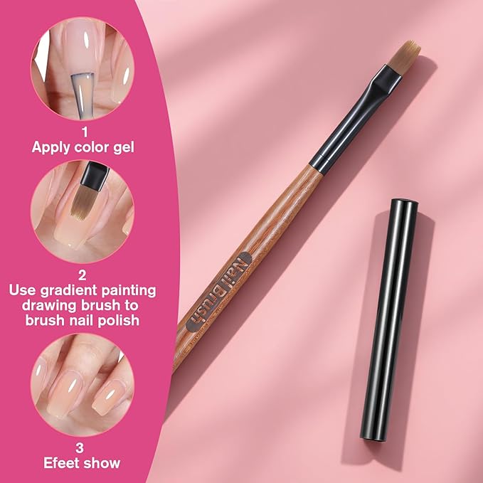 Ombre Nail Brush (Thicken), 1 PCS Nail Ombre Brush Nails Art with Sandalwood Handle, Precise Gradient & Lace Nails Painting Art Brushes Pen Acrylic Manicure Design Tools for DIY Gradient Gel Polish