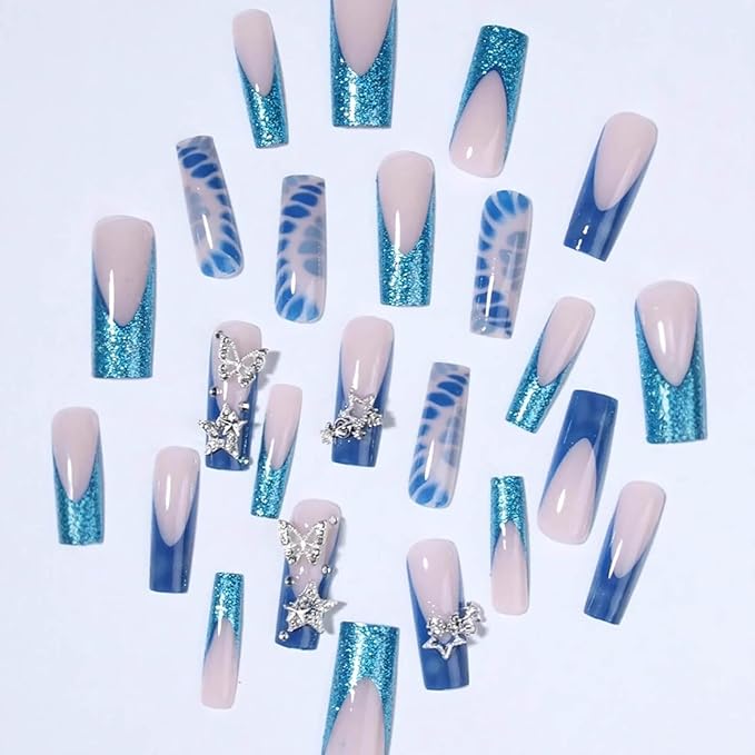 Long Square Press on Nails Blue Glitter French Tip Fake Nails Full Cover Blue Acrylic False Nails with Charms Designs Long Nails Press ons 24Pcs Ombre Glue on Nail for Women