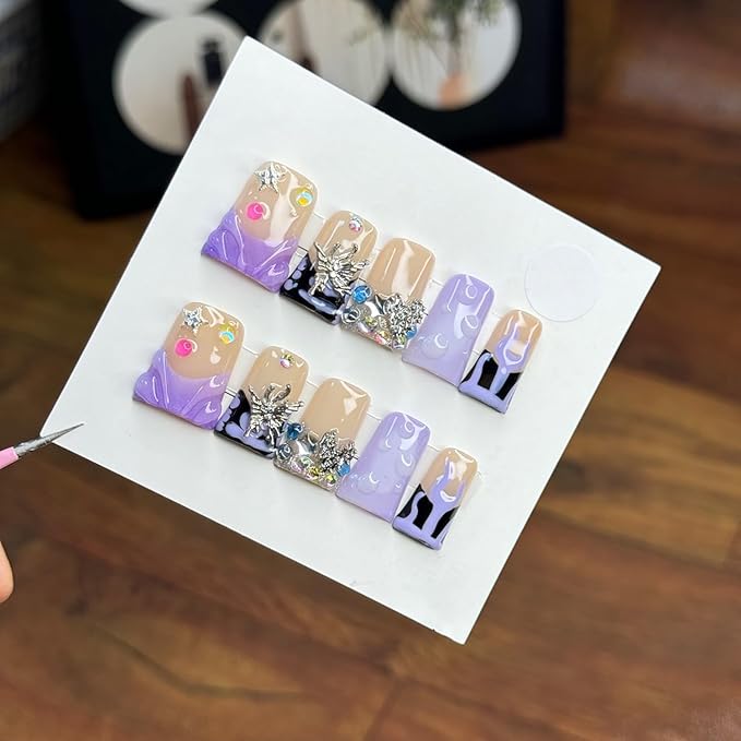 10 Pcs Handmade Press on Nails Medium Duck False Nails with Glue,3D Butterfly Rhinestone Design Purple Thick Fake Nails Heart and Star French Acrylic Reusable Glue on Nails for Women（Size M）