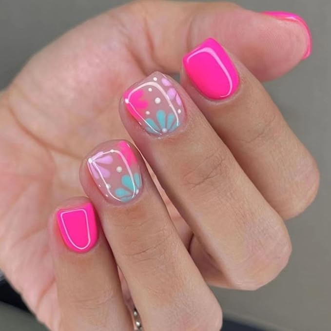Pink Press on Nails Short Square Fake Nails Floral Acrylic Nails Press ons Spring Summer Glue on Nails Glossy False Nails with Design Reusable Stick on Nails for Women 24 Pcs