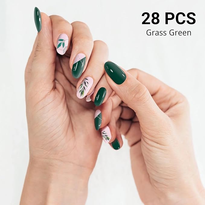Semi Cured Gel Nail Strips (Green), 28 pcs Gel Nail Stickers, Work with Any UV Lights, Long-Lasting NailWraps for Women Art DIY Gift, Salon-Quality, Easy to Apply & Remove