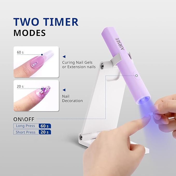 AIRSEE Mini Handheld UV Light with Stand,Portable Rechargeable Nail Lamps,2 Timers for Fast Nail Extension,Rhinestone Glue Decoration,Gel Strips at Home,Travel(Purple)