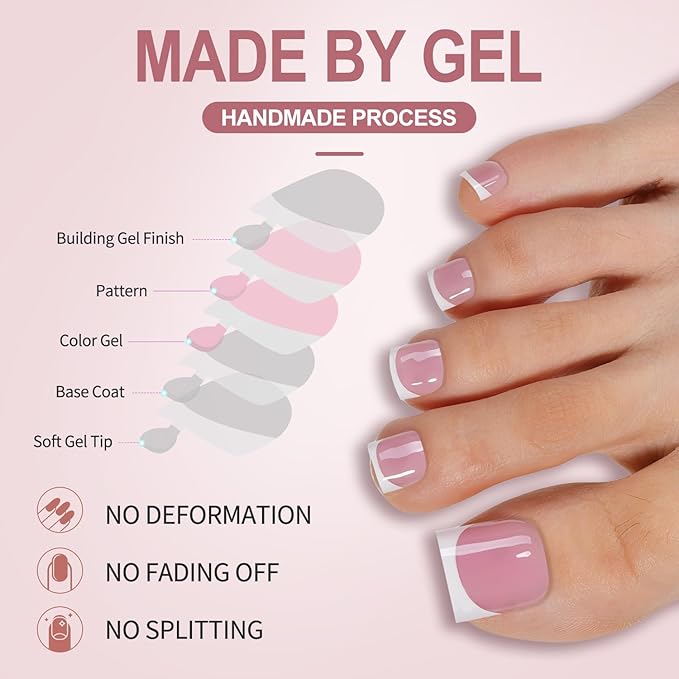 Misssix French Tip Press on Toe Nails, French Square Toe Nail Tips, Soft Gel False Toenail, Acrylic Soak off Fake Toe Nails for Women Nail Art DIY 15 Sizes