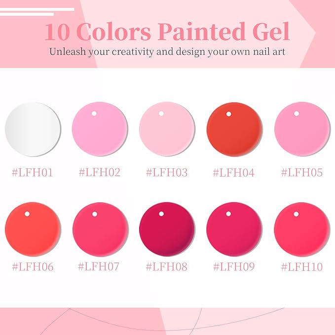 JODSONE Nail Art Gel Liner Set 10 Colors Pink Collection Gel Nail polish Need U V Lamp Cured at Home Salon Design Valentines Gifts for Women & Girls
