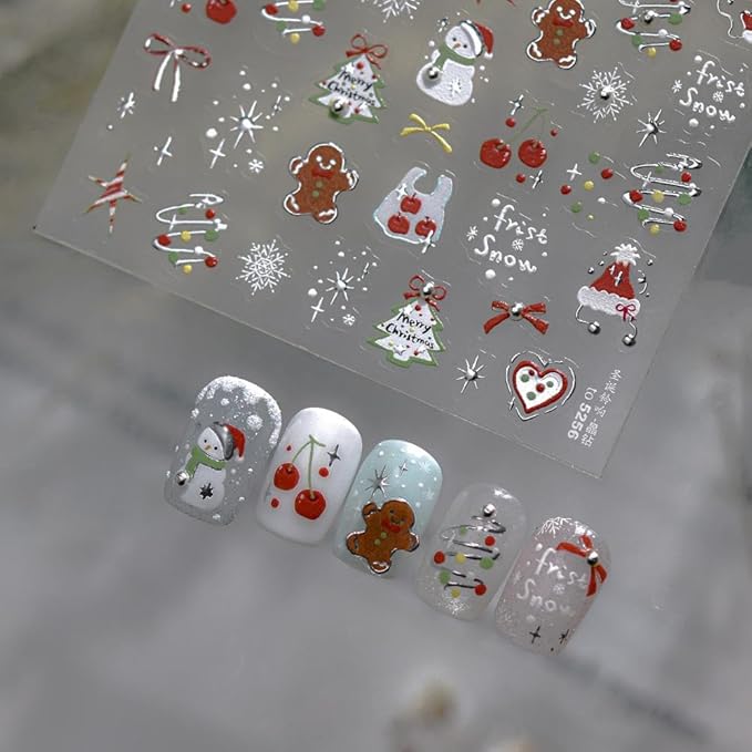 Christmas Nail Stickers 3D Self-Adhesive Santa Claus Snowman Nails Supplies Tree Bow Nails Decals Gingerbread Man Designs 5D Embossed Cute Red Cherry Nails Decoration for Women DIY Manicure 1 Sheet