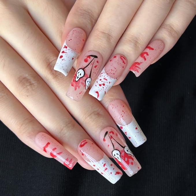 Press On Nails - Handmade Long Square French Tip Fake Nails, Horror Blood Ghost Drop Design, Full Cover Reusable Artificial Ghost False Nails for Women 10 Pcs Acrylic Nails Kit (Size M)