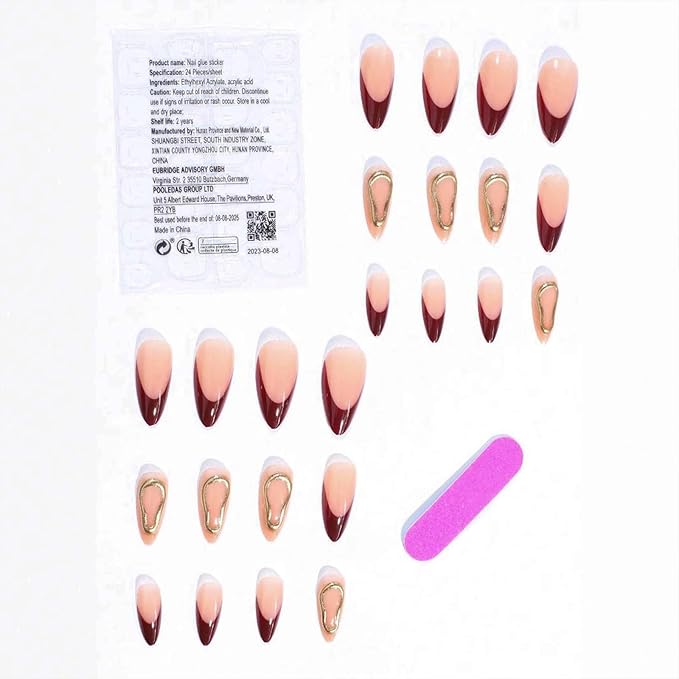 Red French Tip Press on Nails Medium Almond Fake Nails Gold Embossed Irregular Geometric False Nails Wine Red French Acrylic Nails Glossy Glue on Nail for Women Manicure 24Pcs
