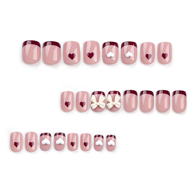 Red French Tip Press on Nails Short - Square Fake Nails with Bow Charms Design - Heart False Nails Press ons - for Women 24 Pcs