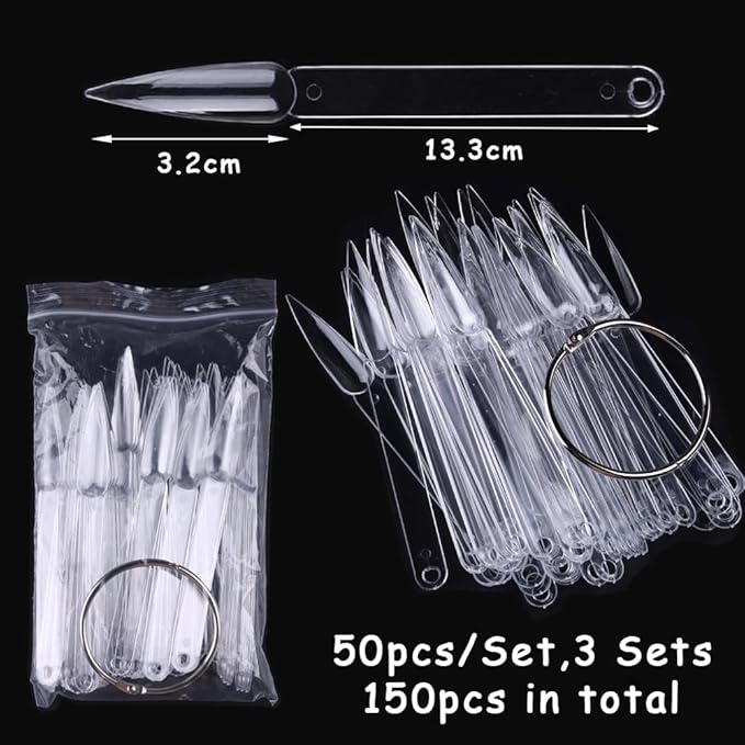 150 Pcs Nail Swatch Sticks with Ring, Clear Pointed Shaped Nail Art Polish Display Tips, Stiletto False Nail Sample Sticks, Nail Practice Color Display Board Manicure Home DIY Salon Supplies