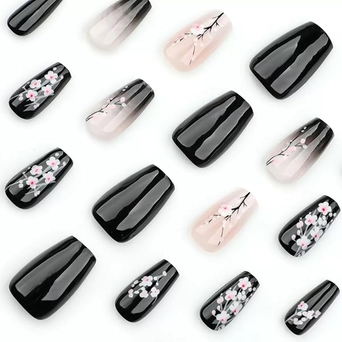 Press on Naills Black - Medium Coffin Fake Nails with Plum Blossom Design - Flower Stick on False Nails for Women - 24 Pcs