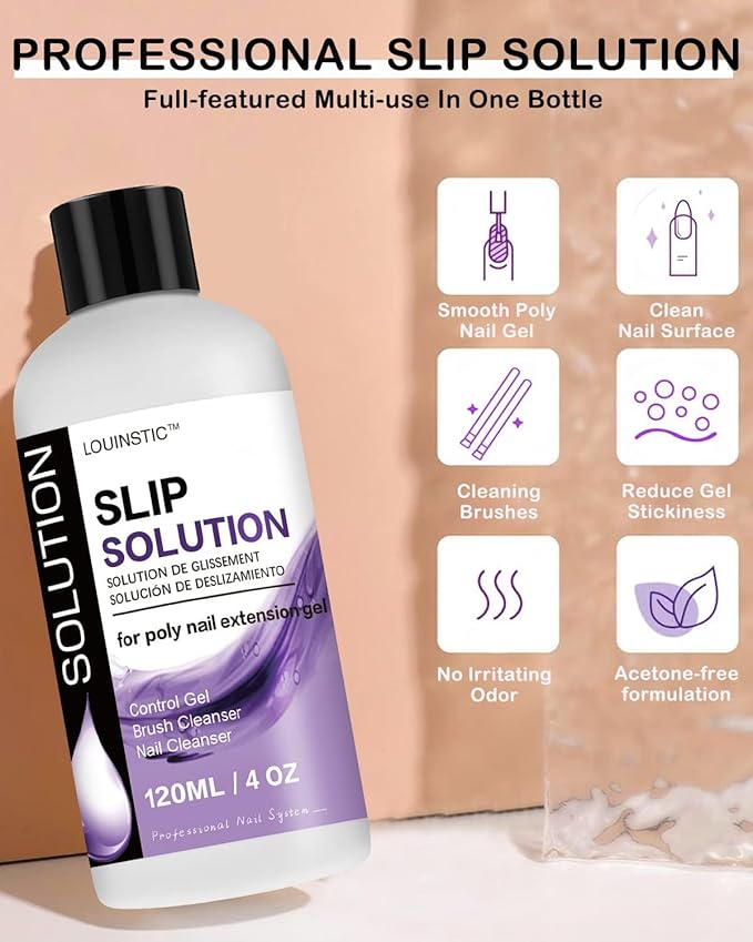 LOUINSTIC Poly Nail Gel Slip Solution - 120ml, 3 in 1 Nail Extension Anti-Stick Liquid, Art Brush Cleanser, for Poly Extension Gel Kit, with Dual-Ended Art Brush