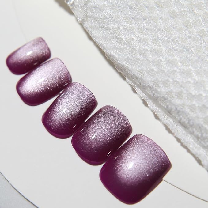 Rose Purple to White Gradient Press On Nails Short Square Cat Eye Nails, Fashion Gel Fake Nails, Reusable Acrylic Fake Nails, Glossy Stick On Nails for Women, Glue On Nail Kit, Purple Moonlight Glow
