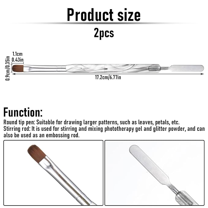 2 Pcs Dual-Ended Professional Gel Acrylic Nail Art Brush French Nail Brush with Stirring Rod Manicure Clean up Brushes Manicure Design Brushes