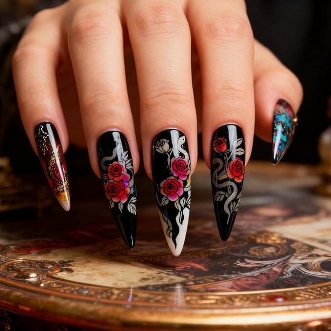 PH PandaHall 3pcs Snake Flower Nail Stamping Plate, Dark Romantic Style Nail Art Templates Mysterious Stainless Steel Image Plate Art Stencils with Tools for Women DIY Print Manicures Salon Design