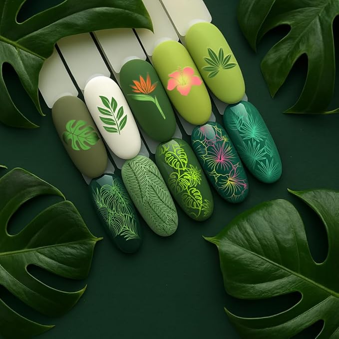 PH PandaHall Leaf Nail Stamping Plates Rainforest Leaves Nail Image Plates Flower Theme Nails Art Stencils Tropical Plants Manicure Stamp Templates for Women Manicures Salon Design DIY Printing, 2pcs