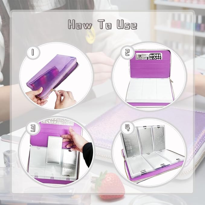 Finger Angel 48 Slots Holographic Nail Plates Holder Case Stamping Templates Organizer Retangel Nail Printing Molds Collection Manicure Tool Accessorie-6x12Cm Template Purple