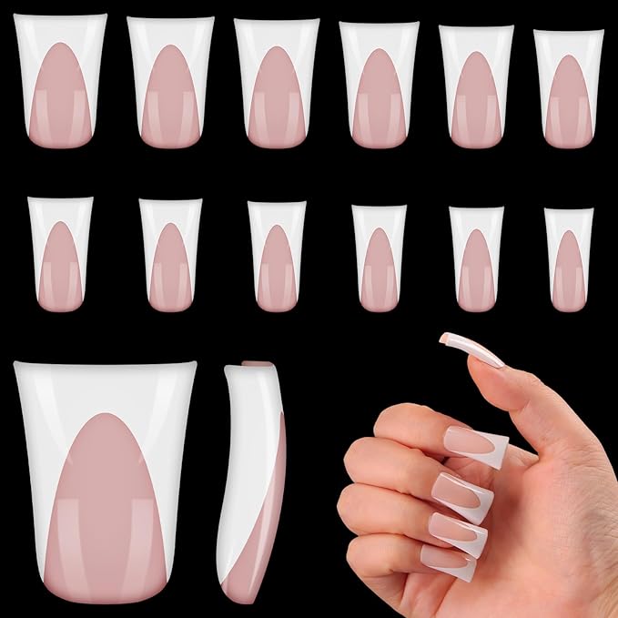 outopen 120pcs Duck Nail Tips Short Cream Pink French Duck Tips Full Cover Fan Flare Duck Tips for Wide Press on Nail Crystal Duck Feet Nail Tips for Polygel Acrylic Extension, 12 Sizes