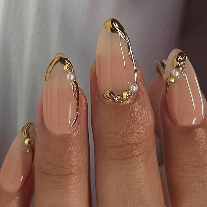 24Pcs Chrome Gold Press on Nails Medium Almond Fake Nails French Tip Full Cover Glue on Nails with Pearls Rhinestones Design False Nails Glossy Reusable Acrylic Nails for Women Girls DIY Decoration