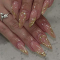 Almond Press on Nails Gold Drip Chrome Fake Nails Medium False Nails Press ons with Golden Line Design Reusable Artificial Nail Full Cover Glossy Glue on Nail Stick on Nails for Women Manicure 24 Pcs