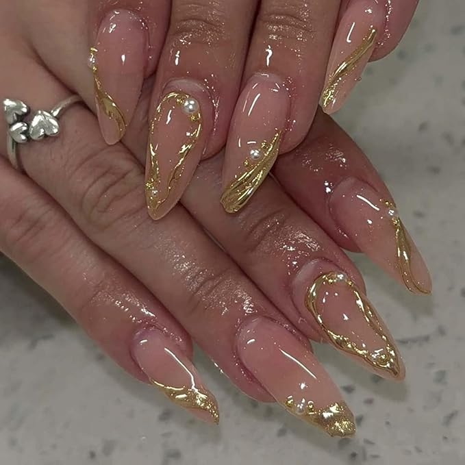 Almond Press on Nails Gold Drip Chrome Fake Nails Medium False Nails Press ons with Golden Line Design Reusable Artificial Nail Full Cover Glossy Glue on Nail Stick on Nails for Women Manicure 24 Pcs