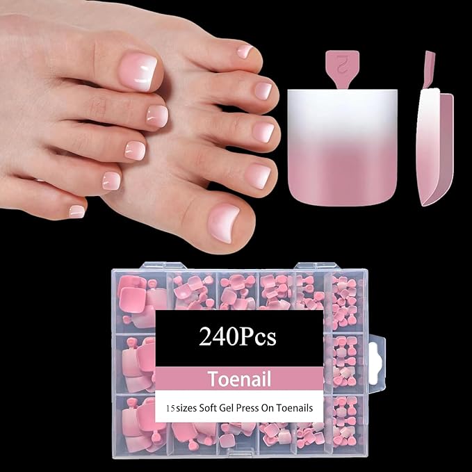 240Pcs Toe Press on nails, Short Pink Ombre Toe Nail Press Ons for Women in 15Sizes, French Tip False Toenails Extension, Soft Gel Toe Nail Tips, Acrylic Full Cover Fake Toenails for Girl