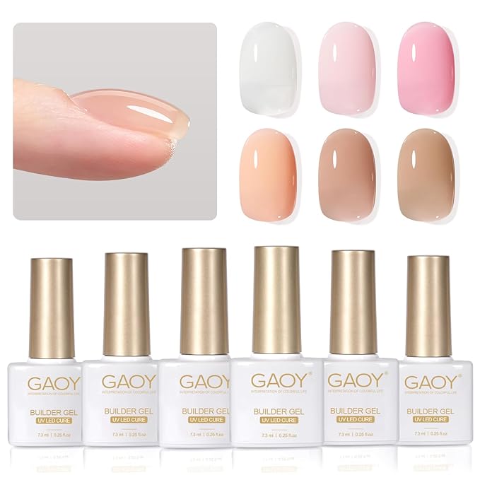 GAOY 6 Colors Builder Gel Set for Nails, Milky White Pink Nude Sheer Jelly Nail Strengthener, Soak Off Nail Extension Hard Gel, Yummy Jelly, Base Coat Top Coat Needed