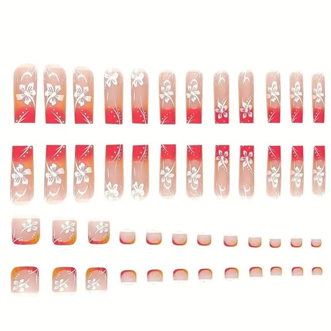 48Pcs Ombre Pink Orange French Tips Press on Nails Short Square Press on Toenails Long Square Stick on Nails with Flower Design Glossy Full Cover Fake Nails Summer False Toenails for Women Manicure