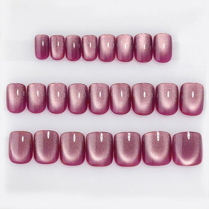 Purple-White Shift Press on Nails Short Square, Cat Eye Press on Nails, Fashion Gel Fake Nails, Reusable Acrylic Fake Nails, Glossy Stick on Nails for Women, Glue on Nails Kit, Mystic Rose