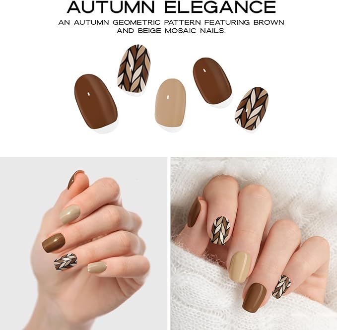 Semi Cured Gel Nail Strips with 20 Pieces - UV Gel Stickers, Manicure Kit, Easy Application Wraps Includes Prep Pads, Nail File, Wooden Stick - UV Light Required (Autumn Elegance)