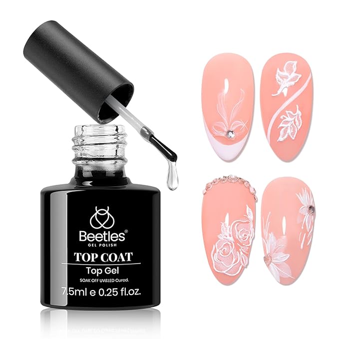 Beetles Gel Top Coat With 6 Pcs Nail Stickers for Nail Art, 5D Rhinestones Sticker Embossed White Flower Design with Nail Tweezer Pegatinas Uñas Nail Gems Decorations for Women