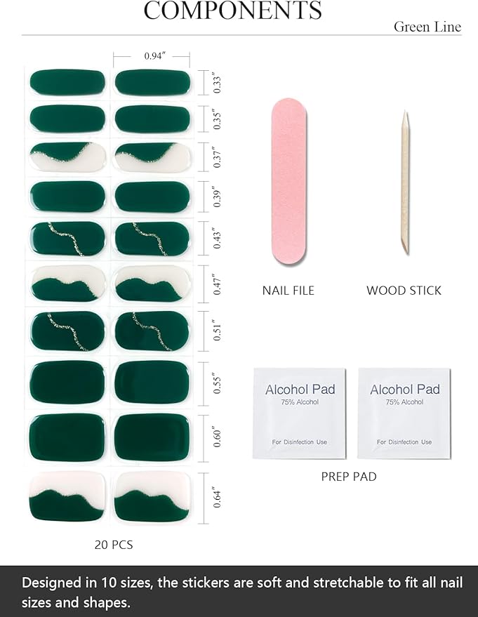 Semi Cured Gel Nail Strips (Green Line), 20 Pcs Gel Nail Wraps, Stickers, UV Light Required, Salon Quality, Long Lasting