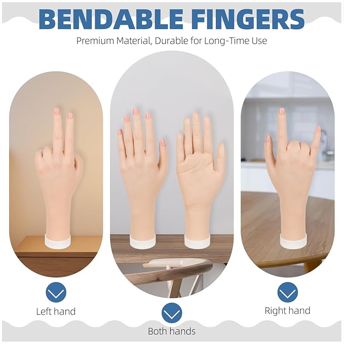 Practice Hand for Acrylic Nails, Flexible Bendable Fake Hand with Adjustable Stand, Nail Training Kit Mannequin Hand for Beginners & Nail Artists (Clamp Stand)