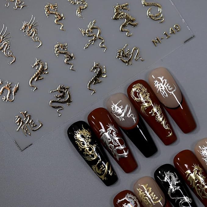 3Sheets Dragon Nail Stickers Gold Silver Laser Chinese Totem Character Acrylic Nail Decals for Halloween New Year Tattoo Design Supplies (B style)