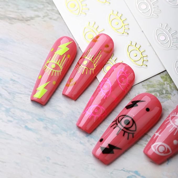 12 Colors Evil Eyes Nail Art Stickers, 3D Funny Eye Self-Adhesive Sticker Design, Laser Gold Silver Red Black White Pink Yellow Green Eyes Nail Transfer Decals for Women Manicure Decorations