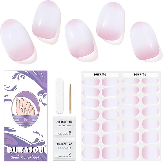 Semi Cured Gel Nail Strips,28 Pcs French Nail Stickers,Long Lasting Gel Strips with UV Light Rquried,Nail Art Stickers Easy to Apply（Clear）