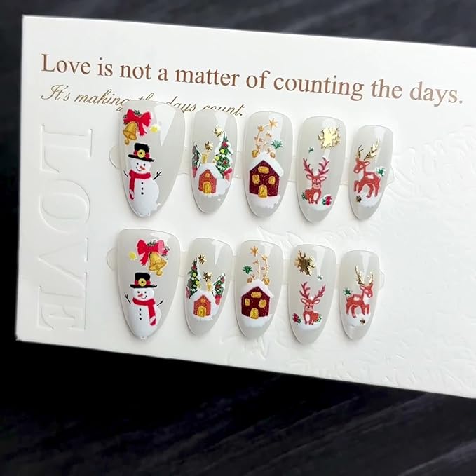 30Pcs Christmas Press on Nails Medium Almond Fake Nails Xmas Snowman False Nails with Gold Designs White Glossy on Nails Elk House Stick on Nail Full Cover Acrylic Nail for Women Manicure