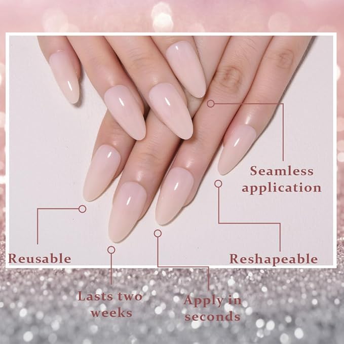 evpct Light Nude Pink Glossy Press on Nails Medium Almond for Women Gift, Glossy Soft Gel Fake Nail Salon Quality with Nail Kit Set Kit, Full Cover Reusable Stick on Acrylic False Nails Perfectly Fit