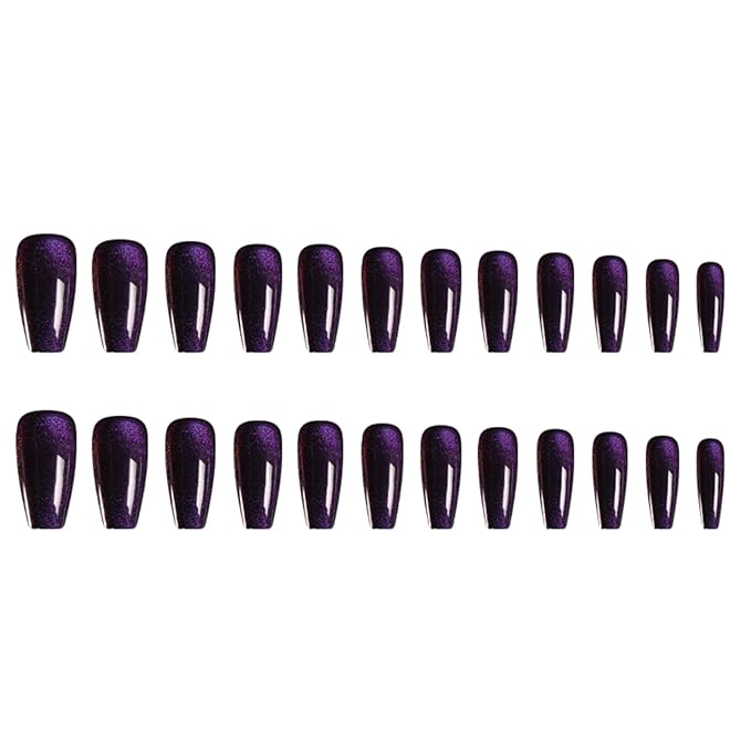Press On Nails - Midnight Purple | Dark Purple Glitter Velvet Nails, Medium Coffin Squared Press On Nails with Cat Eye Design for Women and Girls, 24 Pcs Reusable Fake Nails