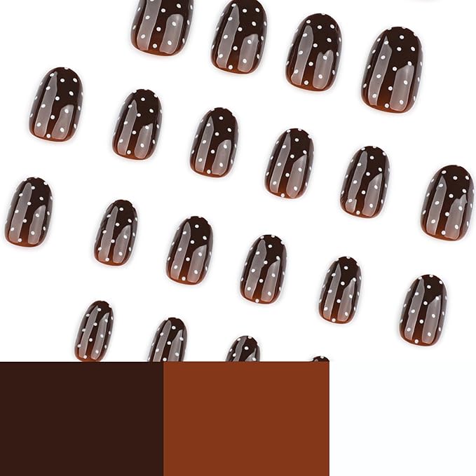 Brown Press on Nails Medium Oval MABKJLF Fake Nails False Nails with White Polka Dots Designs Glossy Glue on Nail Autumn Reusable Full Cover Acrylic Nails for Women Girls 24Pcs