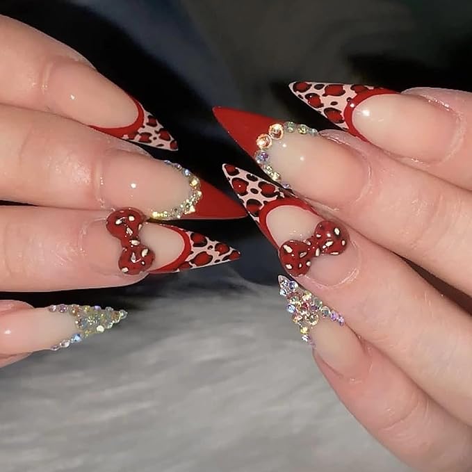 MISUD Press on Nails - Long Stiletto Fake Nails with Red French Tip, Acrylic Cheetah Rhinestone Design 24 pcs