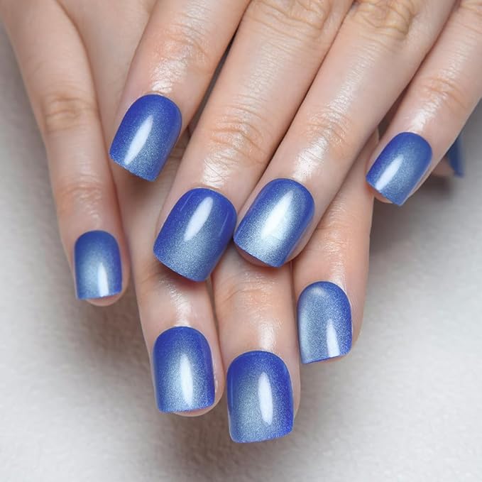 evpct Blue Cat Eye Extra Short Press on Nails Square, Petite Short Square Stick on Nails for Women Gift, Light Sky Blue Metallic Glitter Glossy Reusable Gel Press on Acrylic Fake Nail with Designs