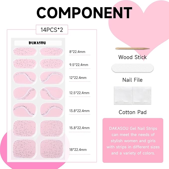Semi Cured Gel Nail Strips, 28 pcs Gel Nail Stickers Work with Any UV Lights, Long-Lasting Nail Art Wraps, Stick on Nails for women Easy to Apply & Remove