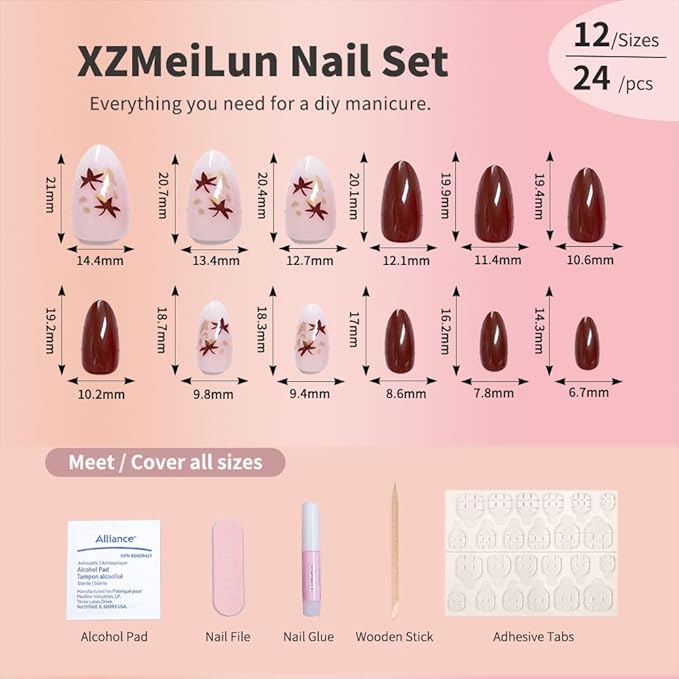 Fall Brown Press on Nails Short Almond,Maple Leaf Glossy Design Acrylic Fake Nails with Full Cover Stick on Nails,Reusable Glue-On Stickers for Autumn Fashion False Nails for Women Gift
